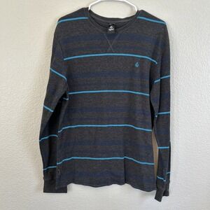 VINTAGE Y2K VOLCOM THERMAL SIZE LARGE LONG SLEEVE GRAY STRIPED SHIRT